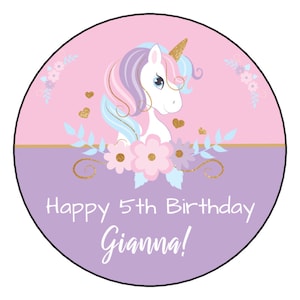 12 Unicorn Stickers, Birthday Party Favor Stickers, Labels, Tags, Personalized, 2.5&quot;, Round, Custom, Floral
