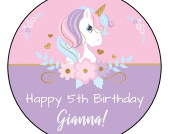 12 Unicorn Stickers, Birthday Party Favor Stickers, Labels, Tags, Personalized, 2.5", Round, Custom, Floral