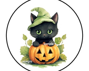 30 Cute Kitten Halloween Stickers, Pumpkin, Envelope Seals, Labels, Tags, Stamps,1.5", Round, Favors