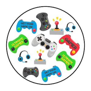 May include: A white circle with a black border featuring colorful illustrations of video game controllers, joysticks, and headphones. The text "Get your game on!" and "Ultimate Gamer" are featured in the design.