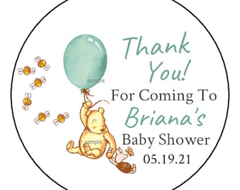 12 Personalized Baby Shower Stickers, Gender Neutral, 2.5", Green, Custom Made, Teddy Bear
