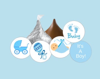 108 it's a boy baby shower hershey kiss stickers,favors,party,blue,gender reveal