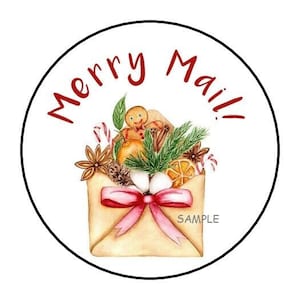 May include: Round sticker with a white background and black border. The text "Merry Mail!" is written in red. A brown envelope with a pink bow is filled with gingerbread cookies, cinnamon sticks, and pine branches.