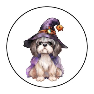 30 Halloween Shih Tzu Stickers, Envelope Seals, Labels, Tags, Stamps,1.5&quot;, Round, Puppy, Dog, Witch