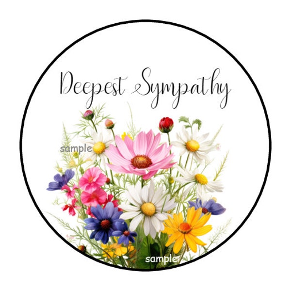 30 Deepest Sympathy Stickers, Labels, Envelope seals, Tags, Favors, Stamps, 1.5", Round, Floral, Wildflowers