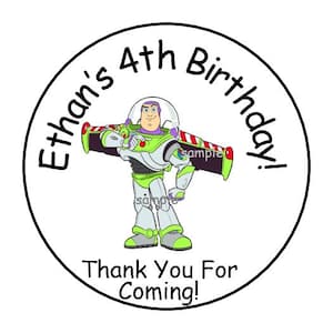 12 Personalized Buzz Lightyear Birthday Party Stickers, Labels, Tags, Favor Stickers, Toy Story, 2.5&quot;, Round, Disney, Custom Made