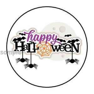 May include: A round sticker with a black outline and a white background. The sticker features a purple "happy" with a black "Halloween" and a spider web with orange accents. There are black bats and spiders on the sticker.