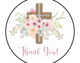 30 thank you floral cross  envelope seals labels stickers 1.5" round flowers