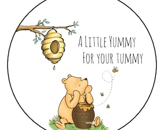 Baby shower stickers, Labels, Tags, Favors, 2.5", Round, Custom Made, (12 Count) Classic Winnie the Pooh, A Little Yummy for your Tummy