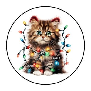 Christmas Kitten and Lights Stickers, Envelope Seals, Labels, Tags, Favors, Stamps, 1.5&quot;, Round, (30 Count) Cats