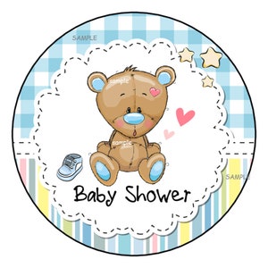 12 Cute Teddy Bear Baby Shower Stickers, Favor Labels, Gift Tags, 2.5&quot;, Round, Baby Boy, Blue