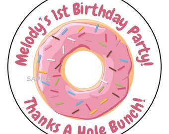 12 personalized donut birthday party stickers favors dessert sweet 16 labels tag