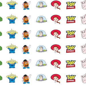 May include: A set of 10 Toy Story character stickers featuring Woody, Buzz Lightyear, Jessie, Rex, Mr. Potato Head, Alien, Hamm, Slinky Dog, Bullseye, and the Toy Story logo. The stickers are printed on a white background.