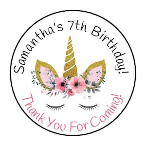 Unicorn Stickers, Birthday Party Favor Sticker, Personalized, Floral, 1.5&quot;, Round, 30 Count, Custom