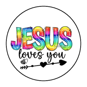 30 Jesus Loves You Stickers, Envelope Seals, Labels, Tags, Stamps,1.5&quot;, Round, Religious, Rainbow