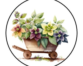 30 Flowers in Wheelbarrow Stickers, Envelope Seals, Labels, 1.5", Round, Floral, Summer, Gardening