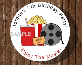 12 movie night birthday party stickers,labels,favors,popcorn,supplies,tags