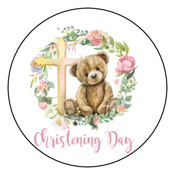 30 Christening Stickers, Labels, Tags, Favors, Stamps, 1.5", Round, Floral, Flowers, Teddy Bear, Pink, Girl, Cross