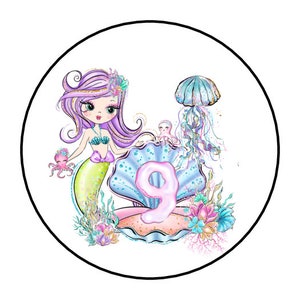 May include: A purple-haired mermaid with a green tail sits on a pink and blue seashell with a pink number 9 inside. The mermaid is surrounded by sea life, including a jellyfish, an octopus, and coral.