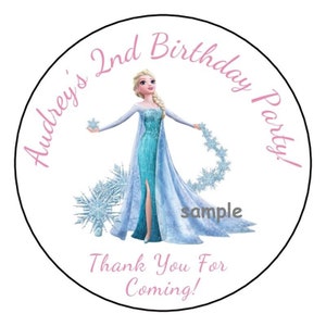 12 personalized frozen birthday party stickers favors labels tags 2.5&quot; round, elsa, disney princess, Custom Made