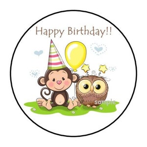 30 cute happy birthday monkey & owl envelope seals labels stickers 1.5&quot; round