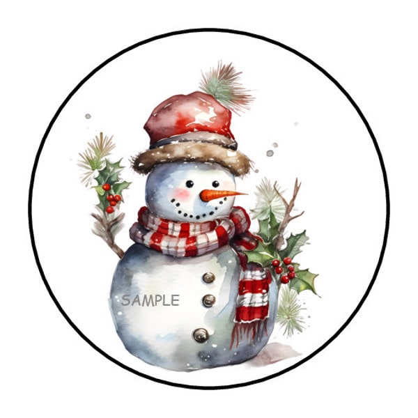 30 Snowman Stickers, Envelope Seals, Tags, Favors, Labels, Stamps, 1.5", Round, Christmas