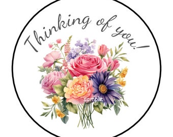 30 Thinking of You Stickers, Envelope Seals, Tags, Favors, Labels, Stamps, 1.5", Round, Flowers, Floral
