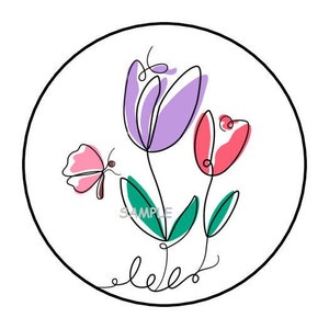 30 pretty tulips and butterfly envelope seals labels stickers 1.5&quot; round