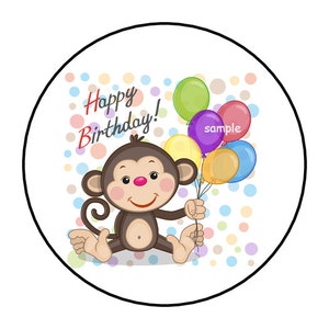 May include: A cute cartoon monkey holding a bunch of colorful balloons. The monkey is sitting on a white background with colorful polka dots. The text "Happy Birthday!" is written in red letters above the monkey.