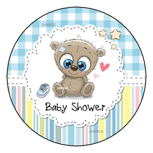 12 Cute Teddy Bear Baby Shower Stickers, Favor Labels, Gift Tags, 2.5&quot;, Round, Baby Boy, Blue