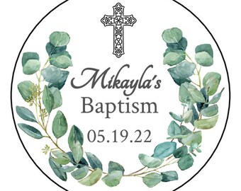 12 personalized baptism stickers, favors, labels, tags, 2.5", round, Foliage, Greenery, Eucalyptus, Gender Neutral, Christening, Communion