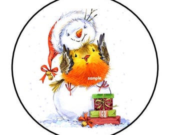 30 Snowman Stickers, Envelope Seals, Tags, Favors, Labels, Stamps, 1.5", Round, Christmas, Bird, Cute