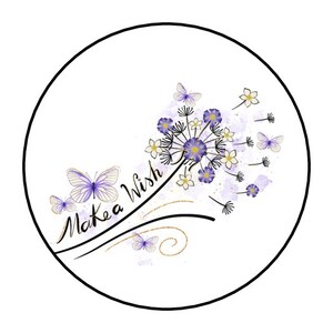 May include: A white circle with a black outline features a purple dandelion with gold glitter and butterflies. The text "Make a Wish" is written in black cursive.