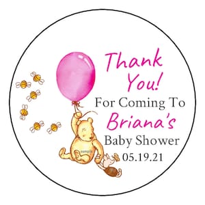 Winnie the Pooh Baby Shower Stickers, Pink, Favors, Goody Bag Labels, Gift Tags, Custom, 2.5&quot;, Disney, Thank You, Classic Round