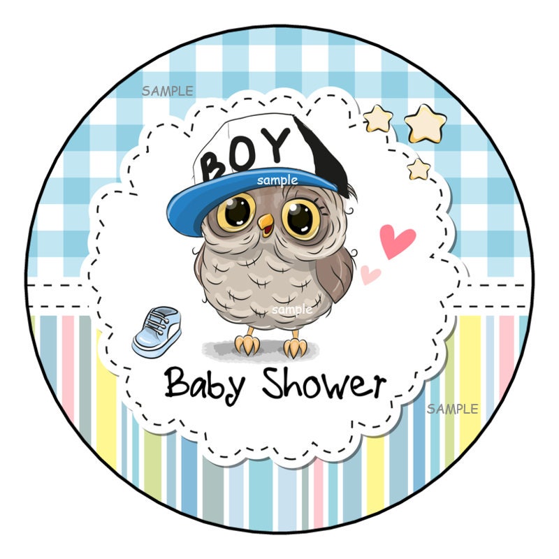 12 Cute Owl Baby Shower Stickers, Favor Labels, Gift Tags, 2.5", Round, Baby Boy, Blue