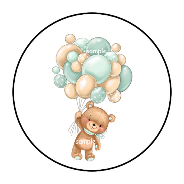 30 Teddy Bear and Balloons Stickers, Baby Shower, Labels, Envelope Seals, Green, 1.5", Round, Gender Neutral, Birthday