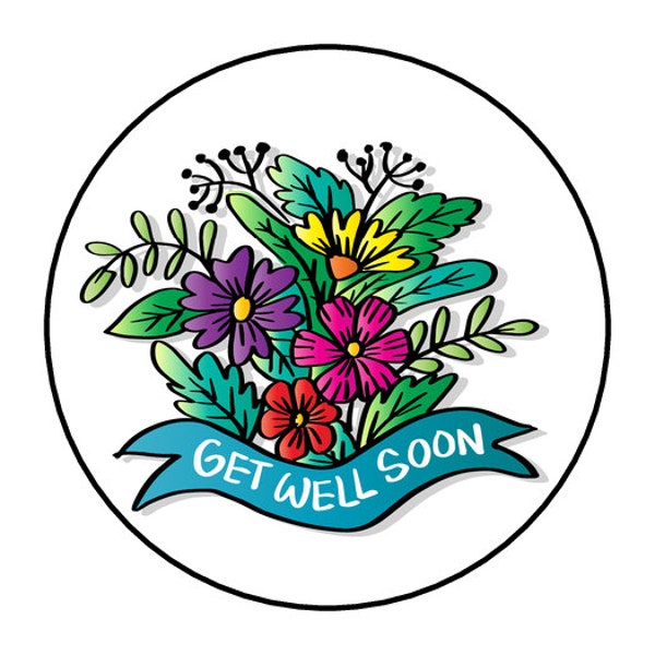 30 Get Well Soon Stickers, Envelope Seals, Tags, Labels, Stamps, 1.5", Round, Floral