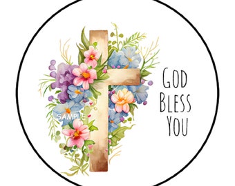 30 Floral God Bless You Stickers Labels Tags Envelope Seals Flowers Cross 1.5" Round Stickers For Favors Gifts Cards Decorations Stamps