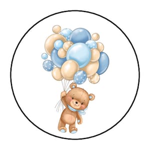 30 Teddy Bear and Balloons Stickers, Baby Shower, Labels, Envelope Seals, Blue, 1.5&quot;, Round