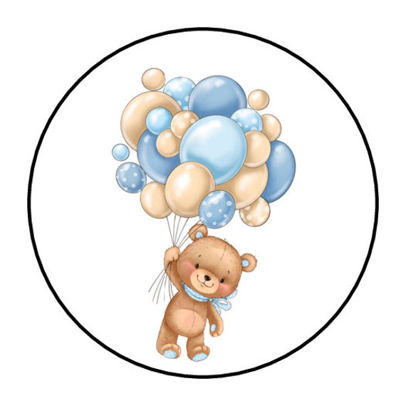 30 Teddy Bear and Balloons Stickers, Baby Shower, Labels, Envelope Seals,  Blue, 1.5, Round