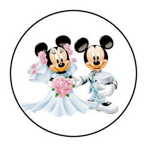 30 bride & groom mickey  minnie mouse stickers envelope seals custom made 1.5&quot;