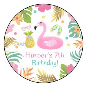 12 personalized pool party birthday stickers flamingo tropical pineapple favors