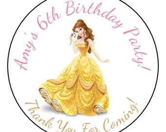 12 personalized belle birthday party stickers favors labels tags 2.5" princess, Custom