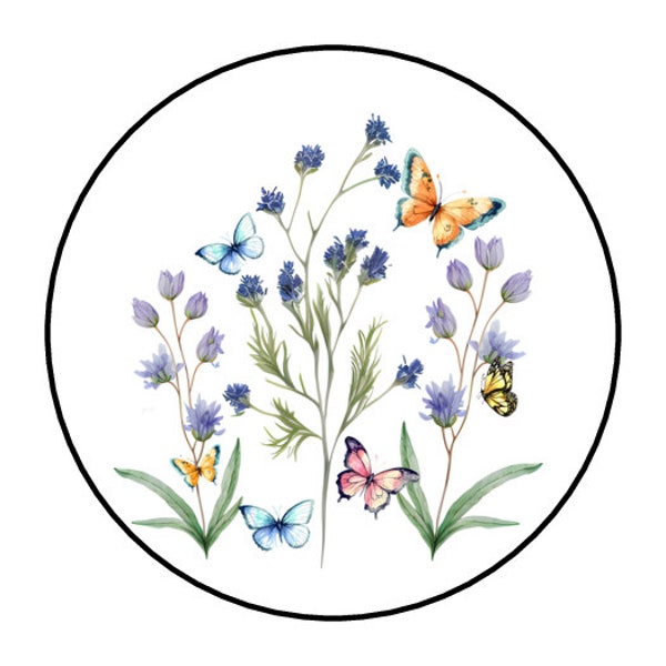 30 Wildflowers and Butterflies Stickers, Floral, Labels, Envelope Seals, 1.5", Round