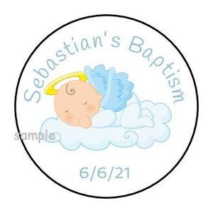 30 personalized Baptism stickers labels favors tags stamps mi bautizo christening 1.5&quot; round baby boy angel, blue