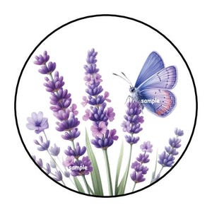 May include: A circular design featuring lavender sprigs and a butterfly. The lavender is a vibrant purple, with green stems and leaves. The butterfly has blue wings with orange accents. The word "sample" is printed on the image.
