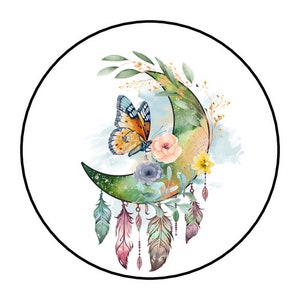 30 Moon Feathers Flowers Butterflies Stickers, Labels, Tags, Envelope Seals, Boho, 1.5&quot;, Round