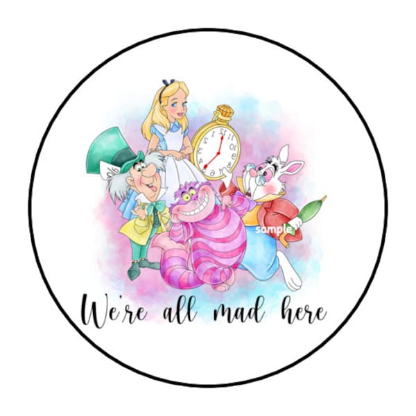 30 Alice in Wonderland Stickers, Envelope Seals, Tags, Labels, 1.5", Round, Custom Made