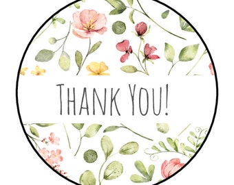 30 Floral Thank You Stickers, Labels, Envelope Seals, 1.5", Round