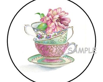 30 watercolor tea cups envelope seals labels stickers 1.5" round flowers floral